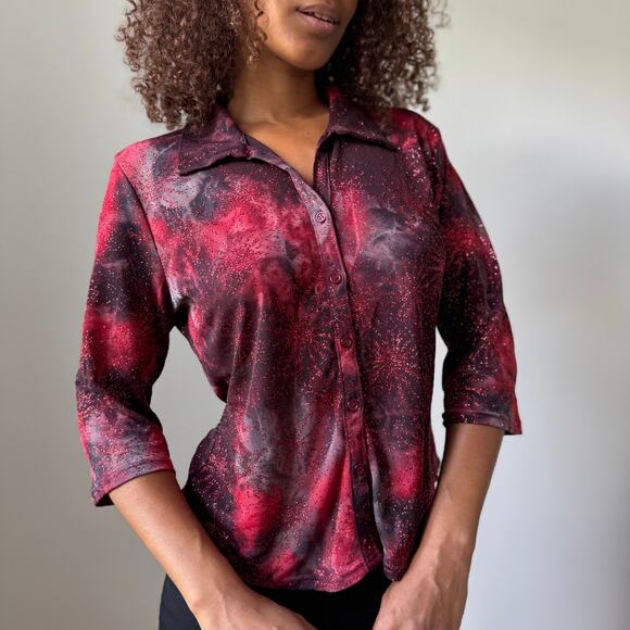 Vintage Pimkie Red Galaxy Satin Blouse (S/M) - Picture 7 of 9